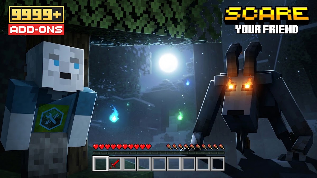 Custom mob addon made in AddOns Maker, shown at night inside Minecraft PE